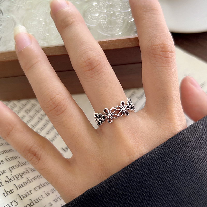 Lanzhi snowflake pattern 925 silver retro ring