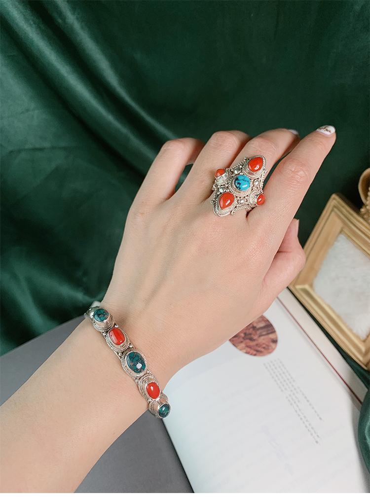 Nepal handgefertigtes Türkis-Armband, Silbereinlage, verstellbar