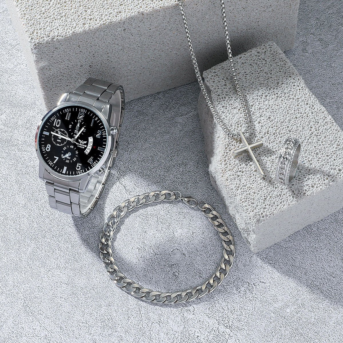 Men's 4-piece silver jewelry set with watch, bracelet, necklace, ring