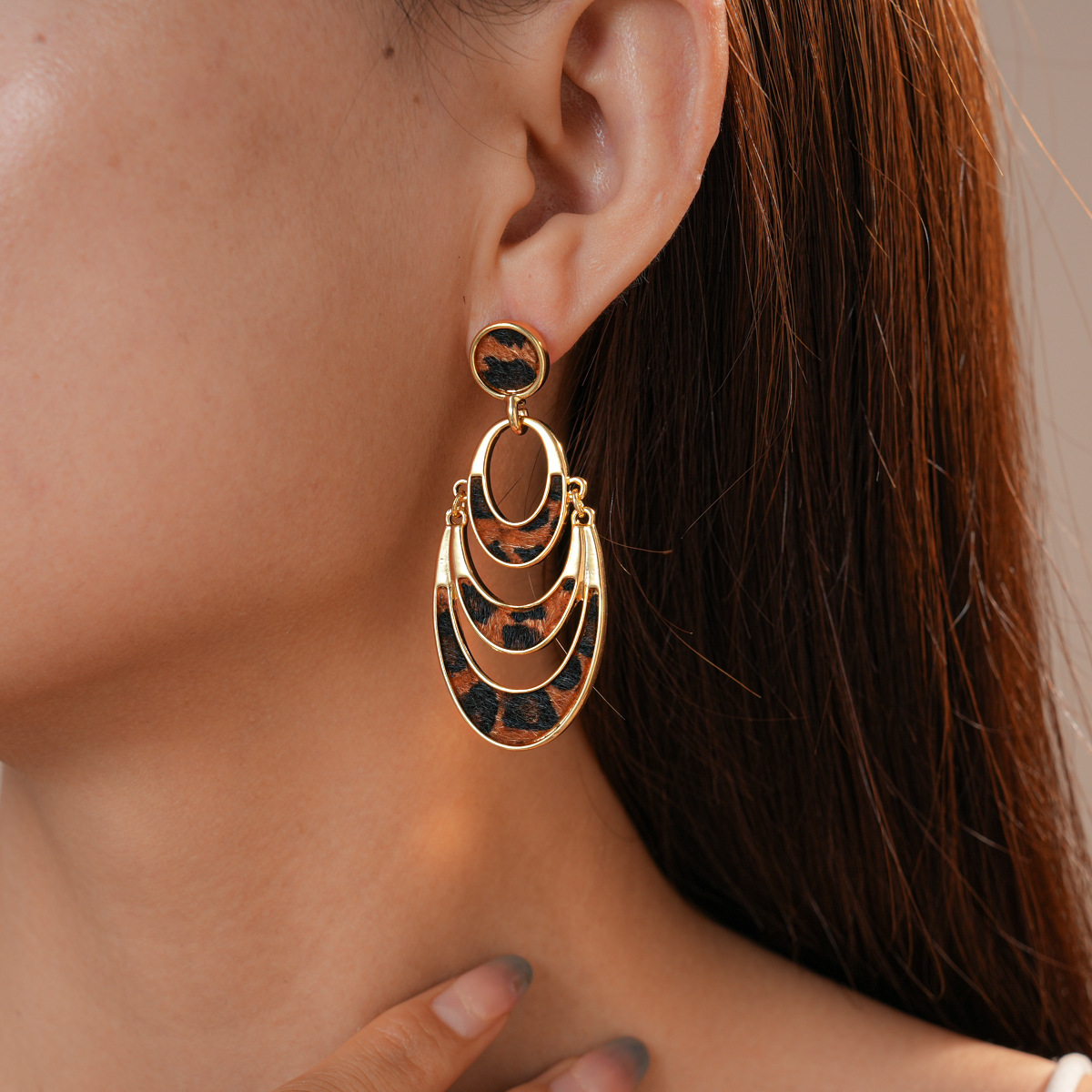Leopard print earrings with faux horsehair, multi-layer design