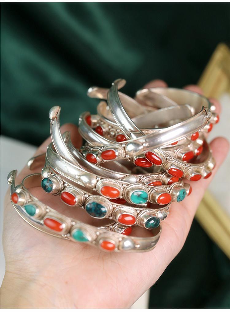 Nepal handgefertigtes Türkis-Armband, Silbereinlage, verstellbar