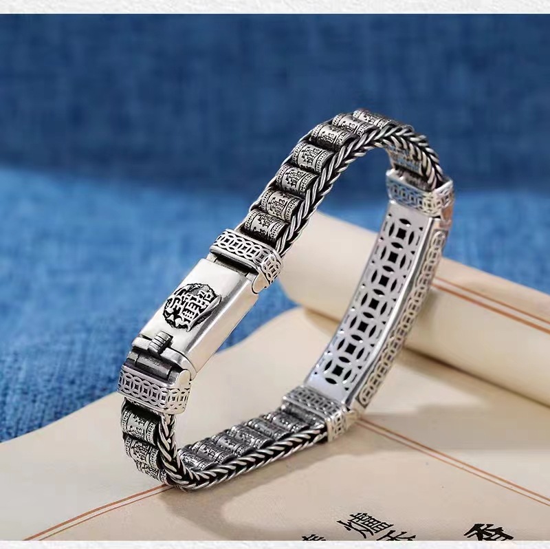 Pixiu silver bracelet, 18 beads, vintage design, wide band