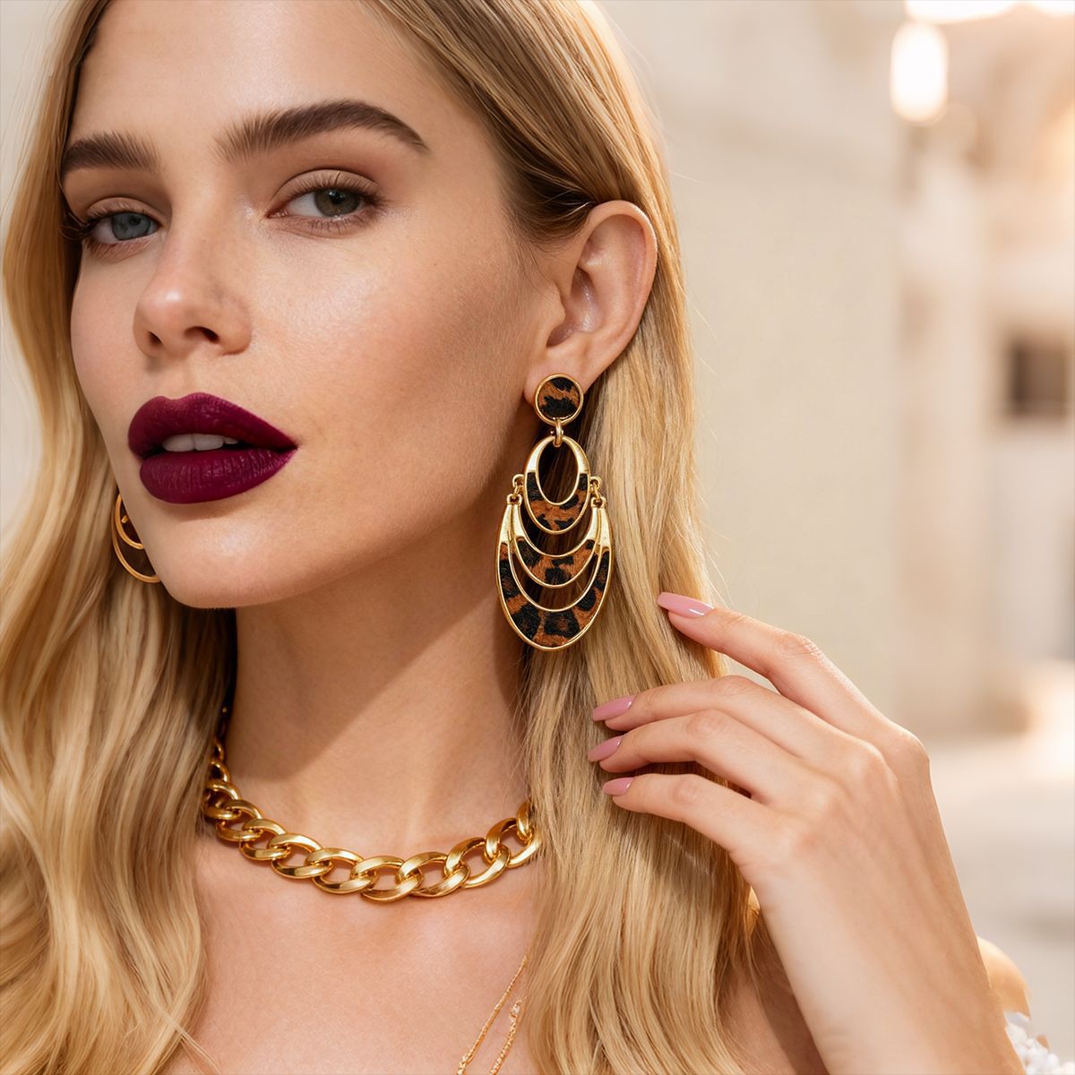 Leopard print earrings with faux horsehair, multi-layer design