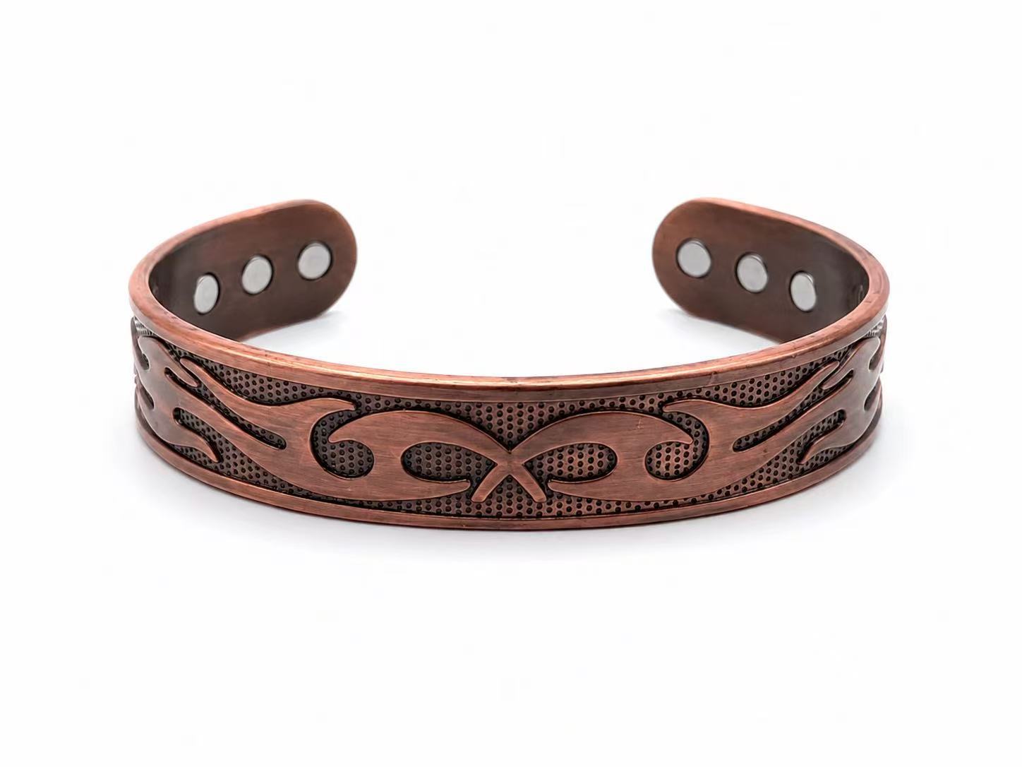 Antique copper bracelet, open design, magnetic adjustable