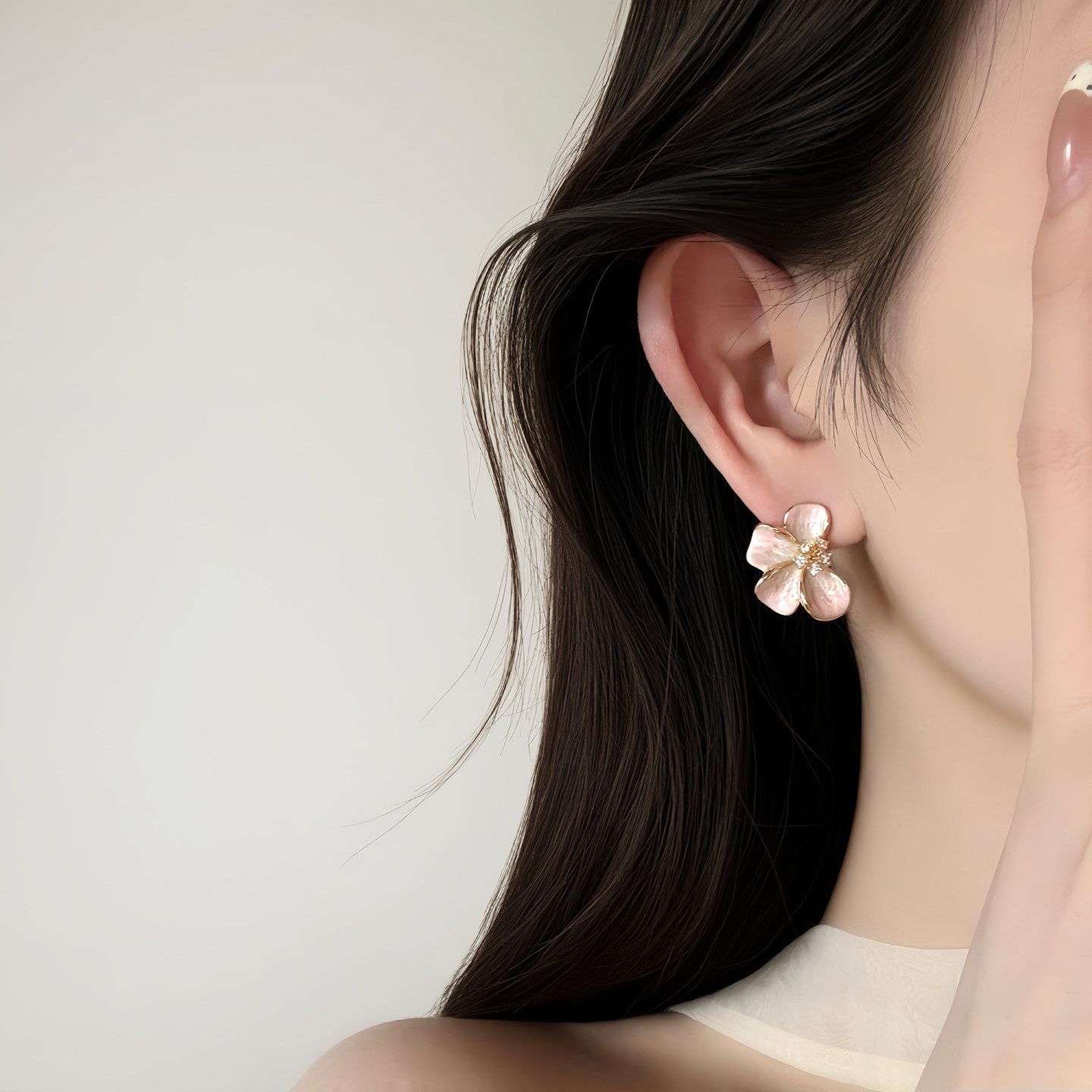 Pink enamel flower sterling silver stud earrings