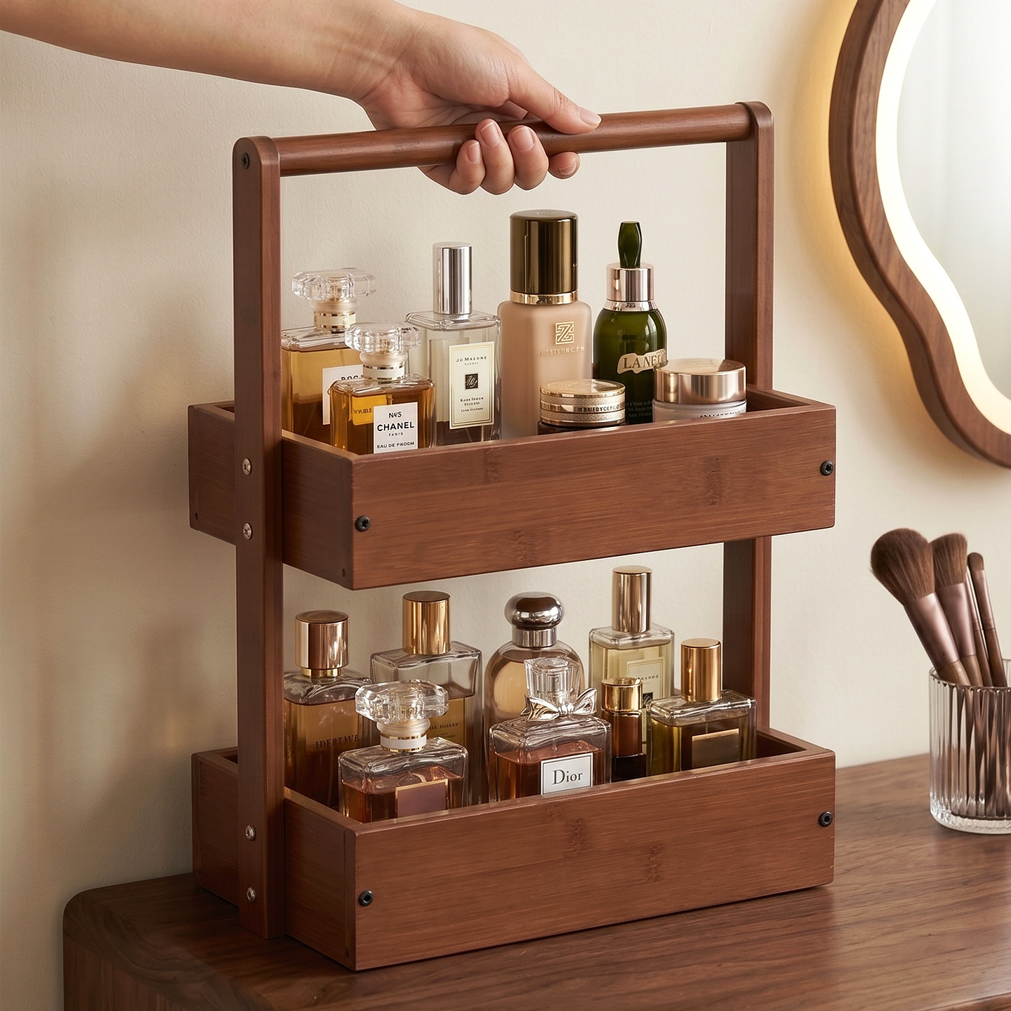 Solid wood cosmetic and jewelry storage shelf with perfume stand