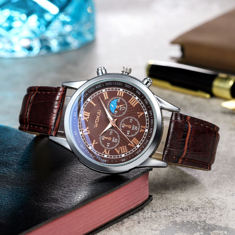 Men's leather strap quartz watch waterproof