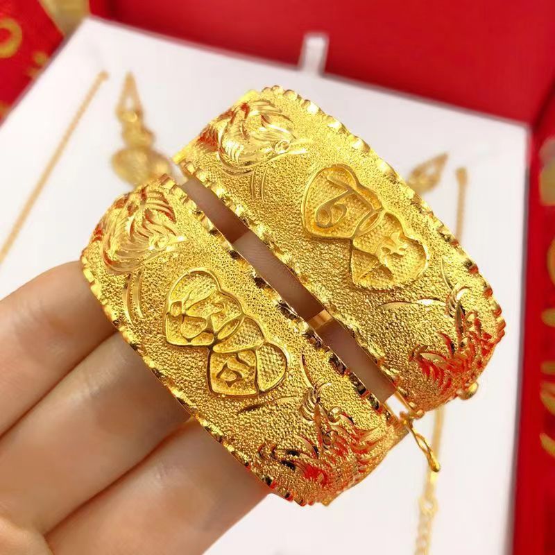 真金电镀结婚手镯开口宽版双喜龙凤镯子高仿金女新娘婚庆金猪吊牌