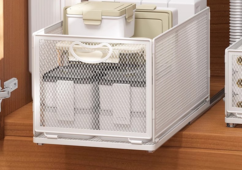Foldable metal storage basket for kitchen and bathroom