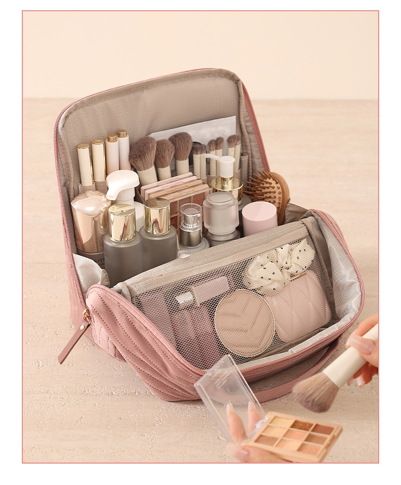Upright cosmetic organizer bag, large capacity, compartments, travel