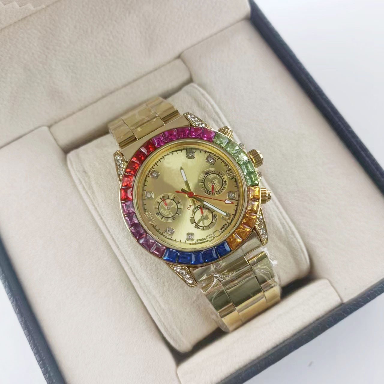 Rainbow men's quartz watch, steel band, diamond bezel