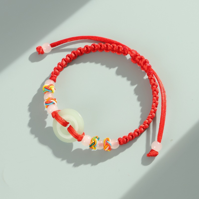 Red string bracelet, jade, safety clasp, hand-woven, unisex