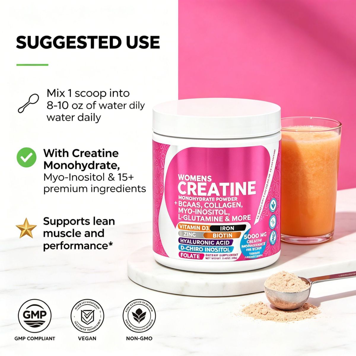 Women's creatine powder with collagen, biotin and hyaluronic acid