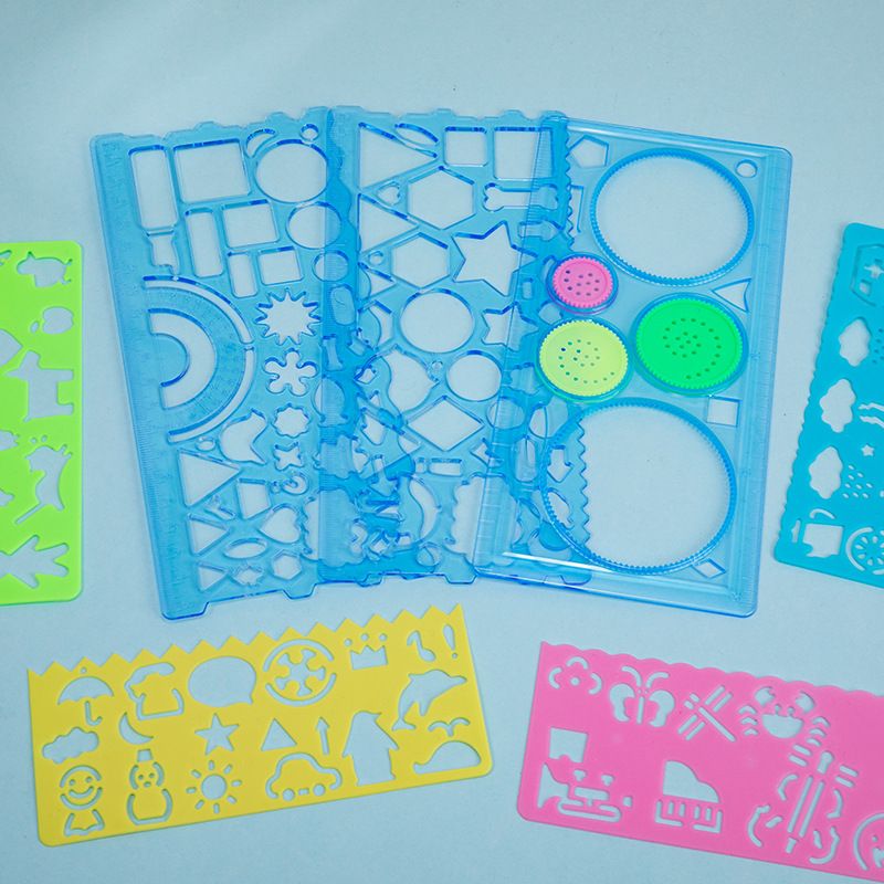 7 parçalı çocuk çizim şablonu seti, plastik geometri cetveli