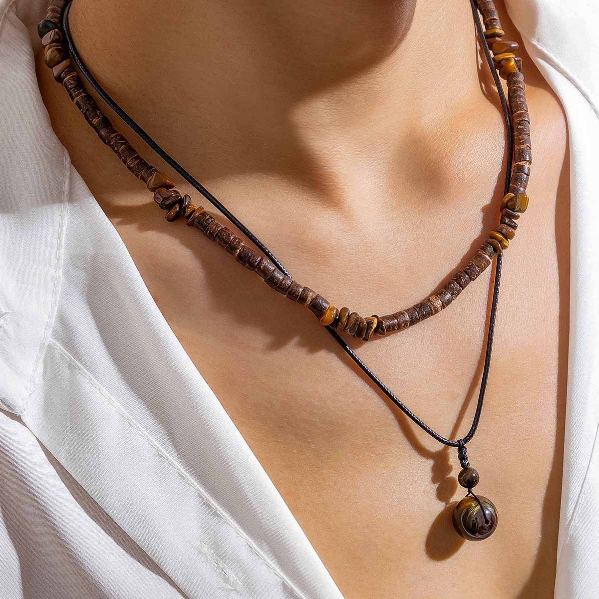 Men's wood bead turquoise necklace set