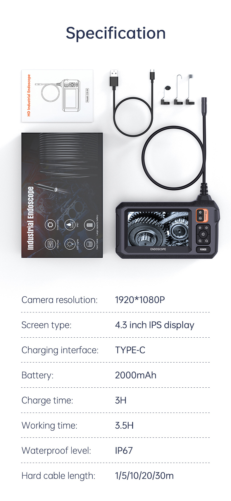 C30 Rohrendoskop HD-Bildschirm 8mm Objektiv tragbar