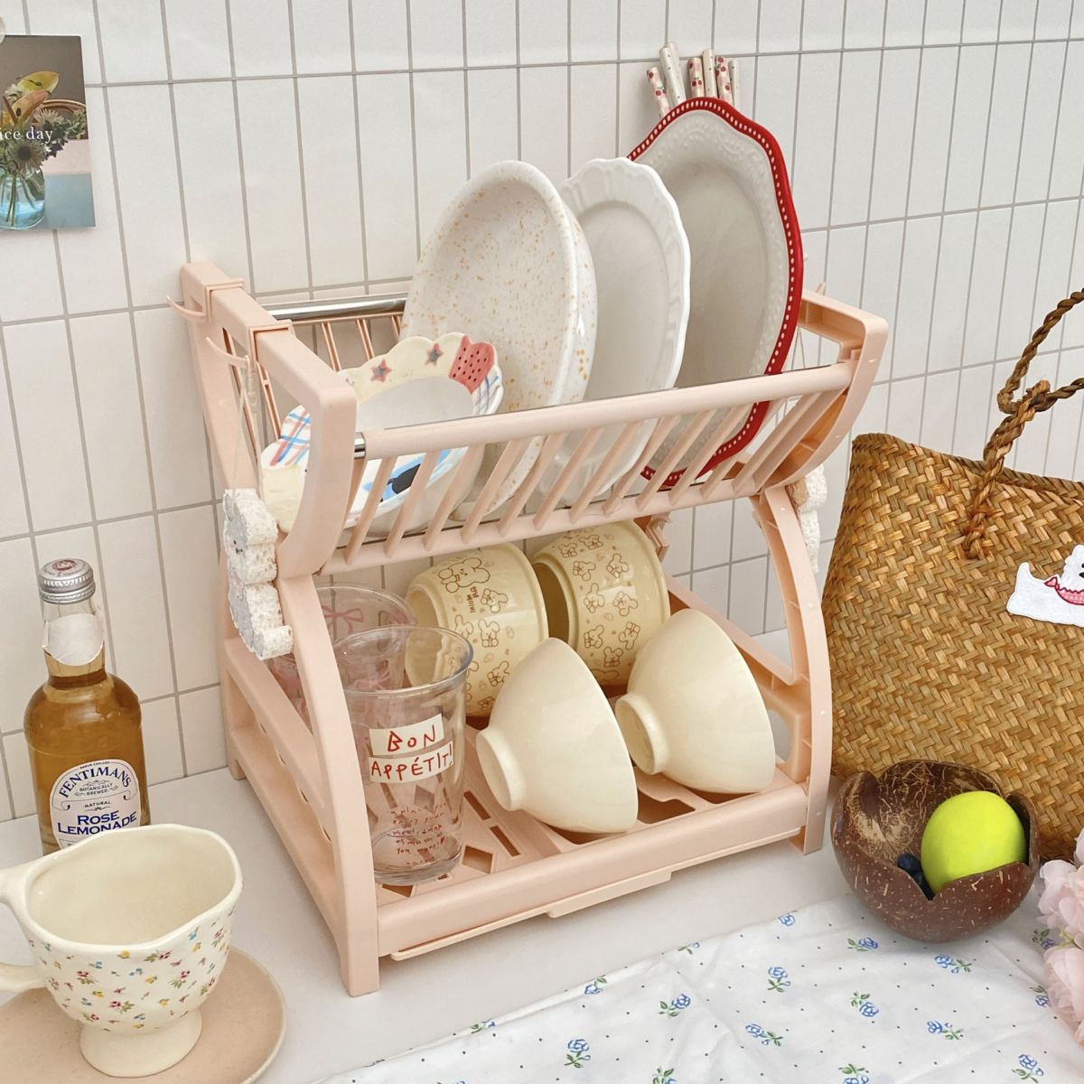 Double-layer kitchen storage rack with drain shelf for tableware