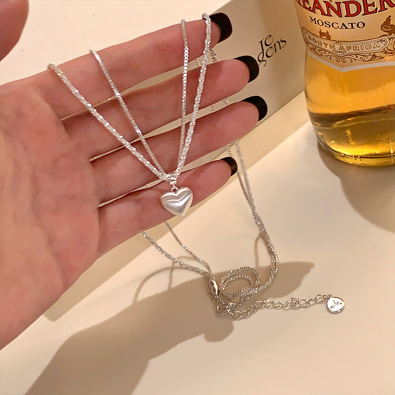 Double-layer brushed love pendant necklace, sparkling