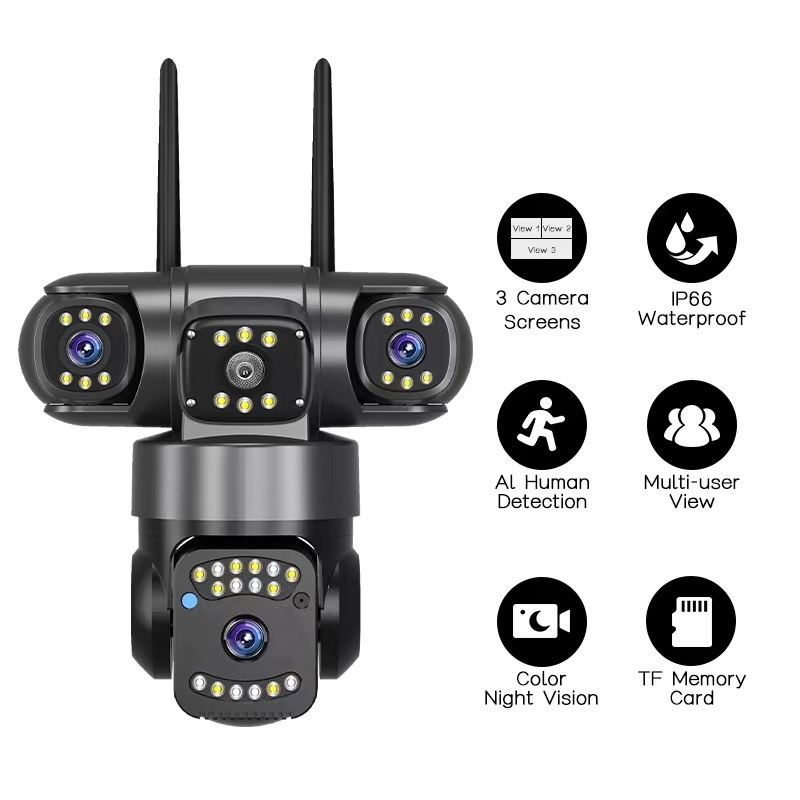 WiFi home camera, triple lens, waterproof, remote monitoring