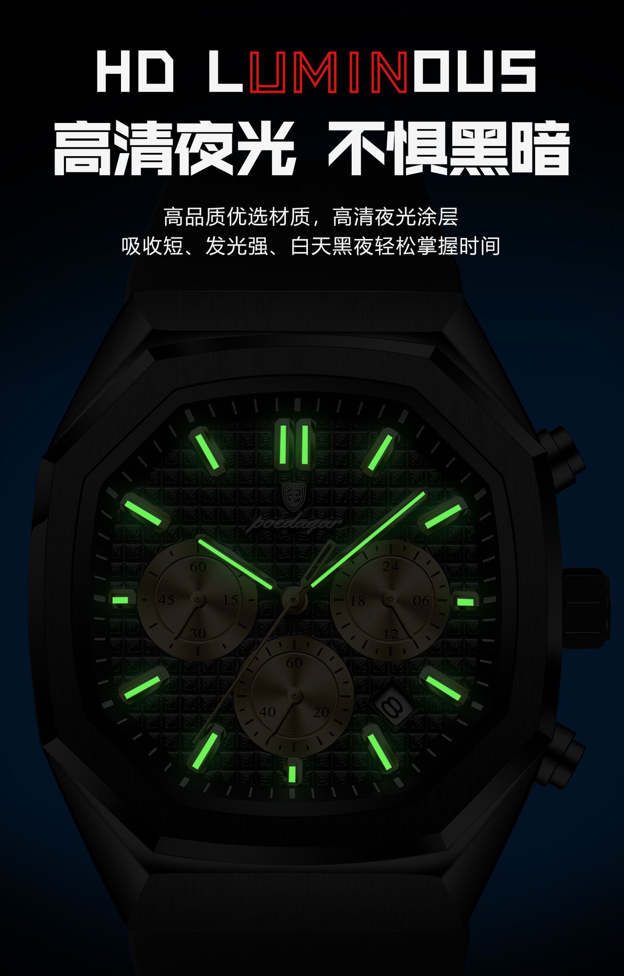 POEDAGAR Herrenuhr, wasserdicht, Chronograph