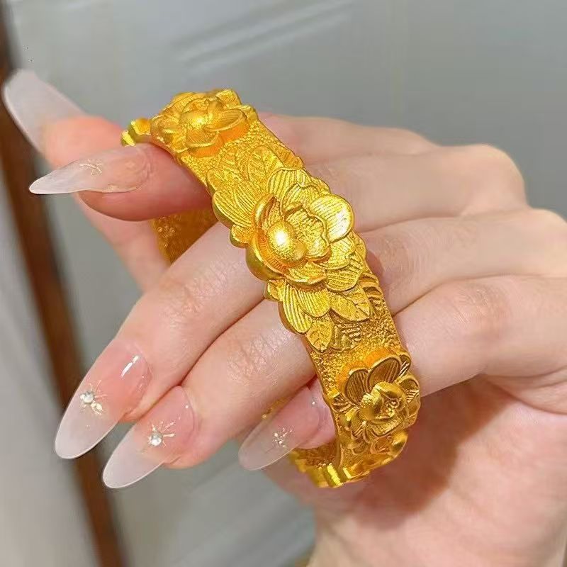 3D carved peony bracelet, solid gold-colored Chinese style