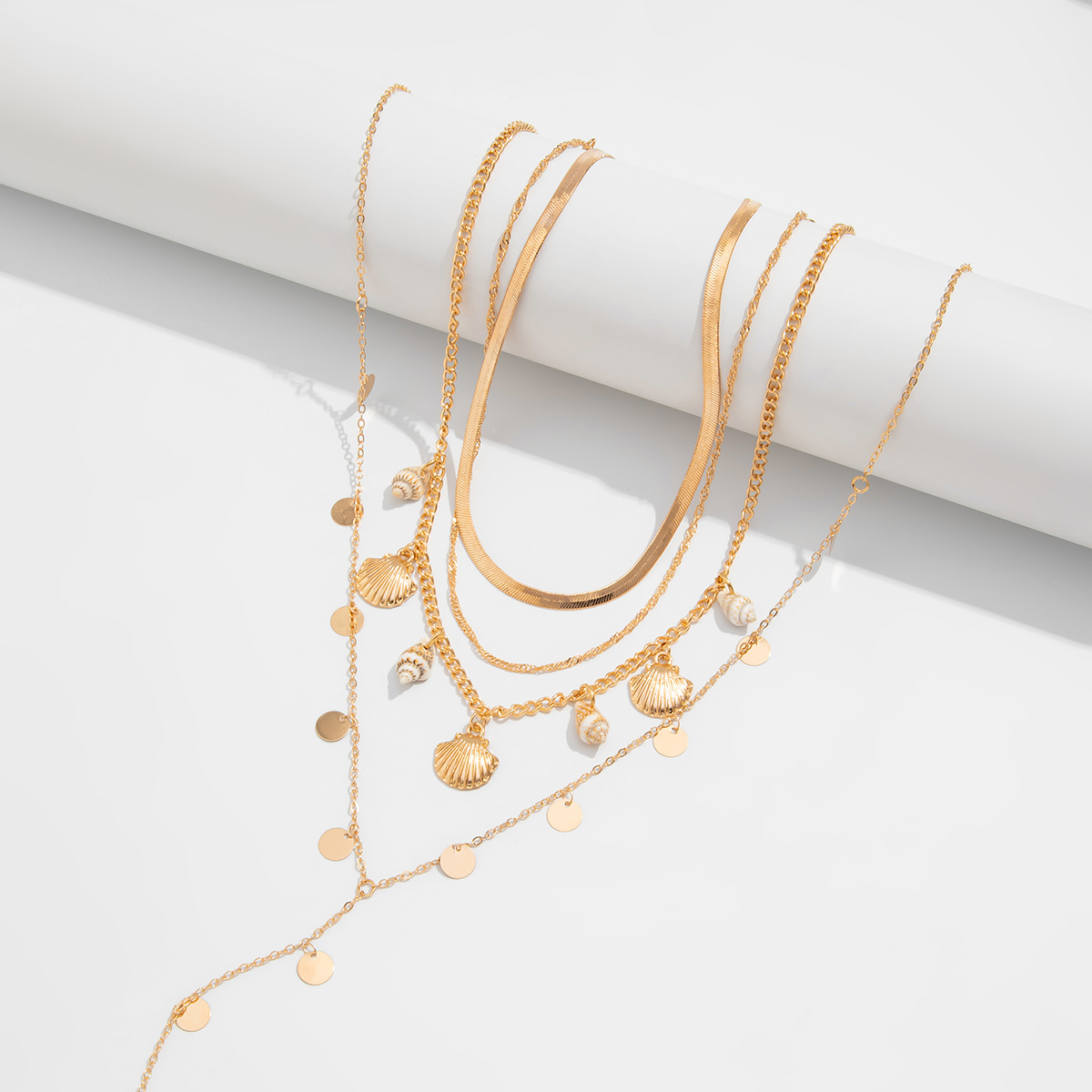 Scallop shell necklace, ocean style, sequin chain, layered