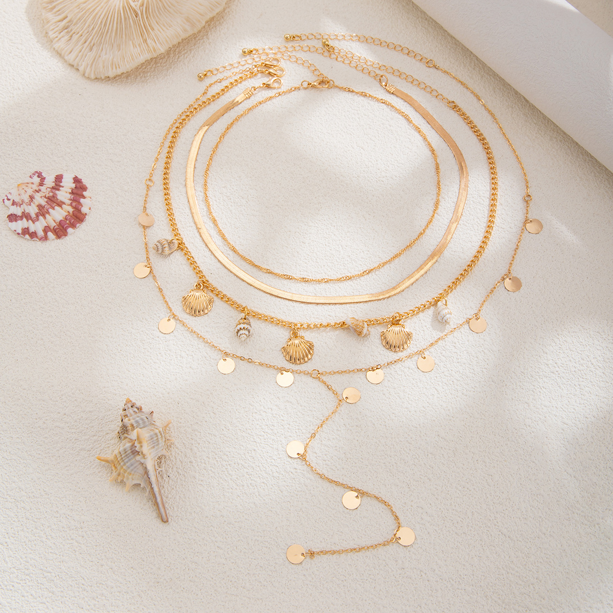 Scallop shell necklace, ocean style, sequin chain, layered