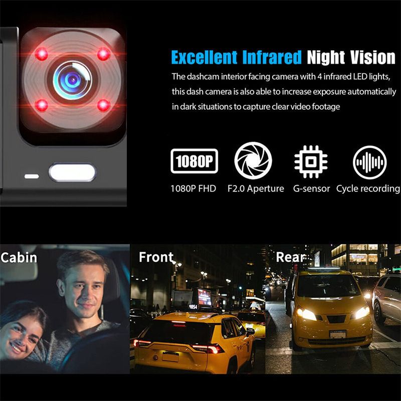 Dashcam, 3-lens, Full HD backup camera, smartphone connected