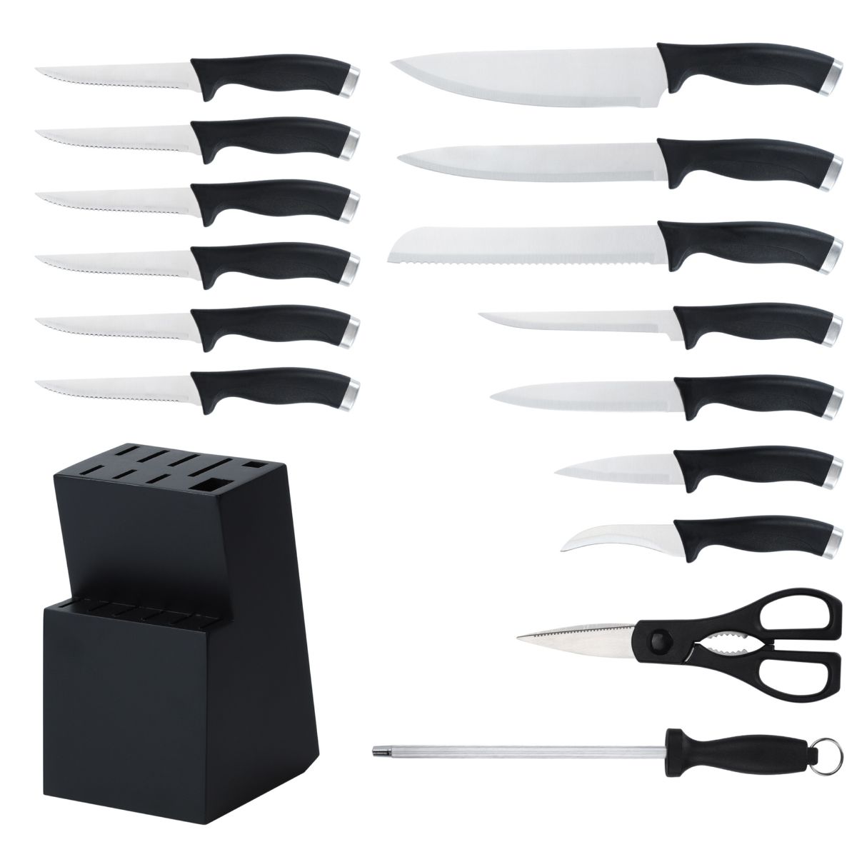 16-teiliges Küchenmesserset, massiver Holzblock, Gemüse und Obst