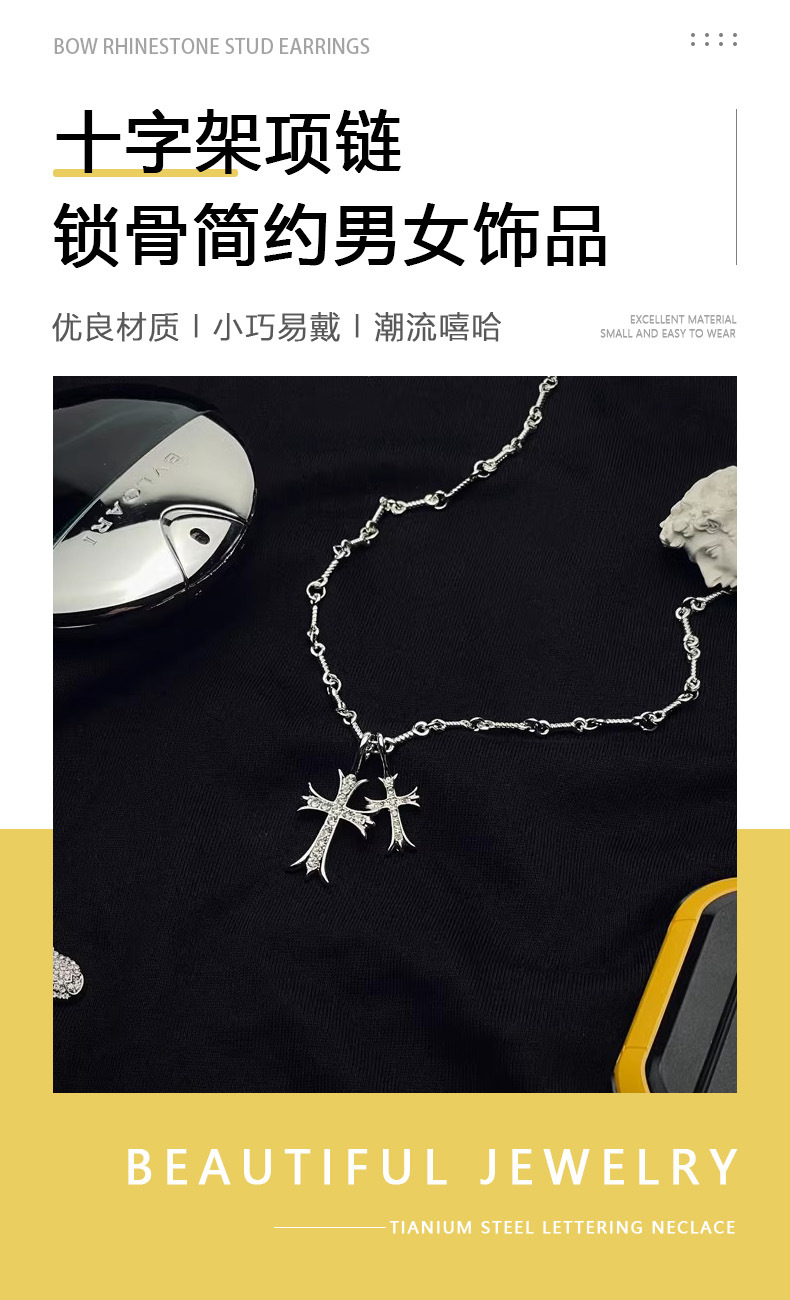 Herrenkette mit Doppelkreuz und Strass, Silber