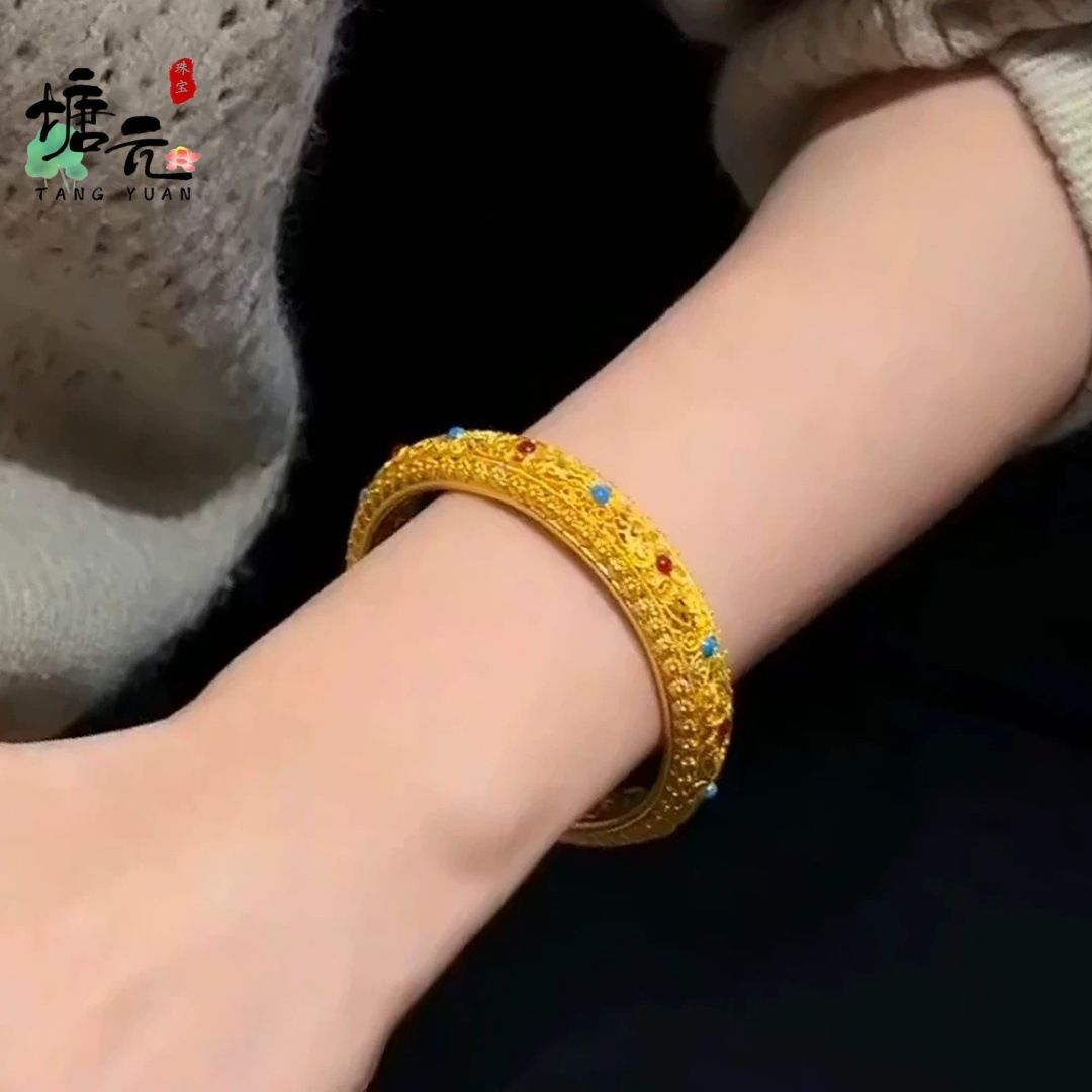 金店新款越南沙金手镯女镂空花丝珐琅镯子 时尚气质百搭婚庆饰品