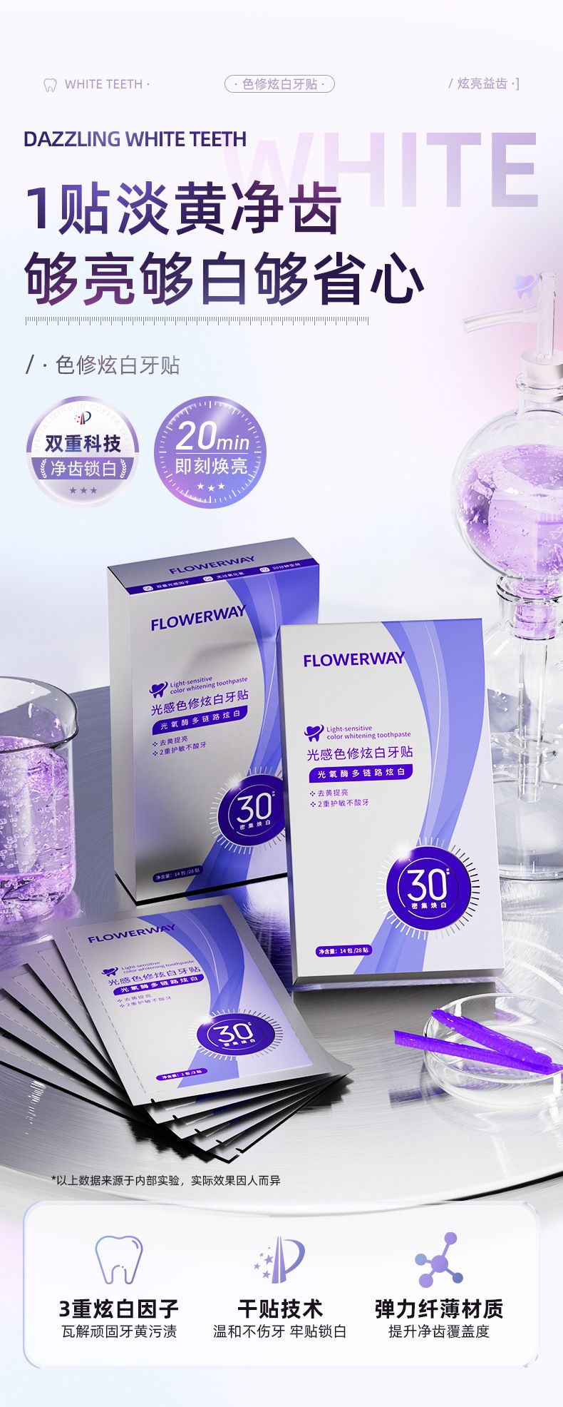 抖音爆款FLOWERWAY光感色修炫白牙贴家用独立包装可批发一件代发
