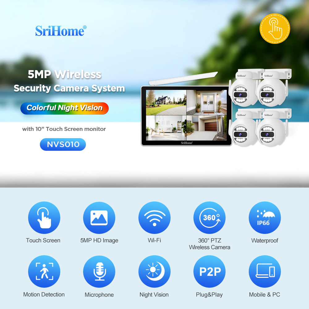 SriHome 8-channel monitoring kit, 5MP camera, 10-inch display