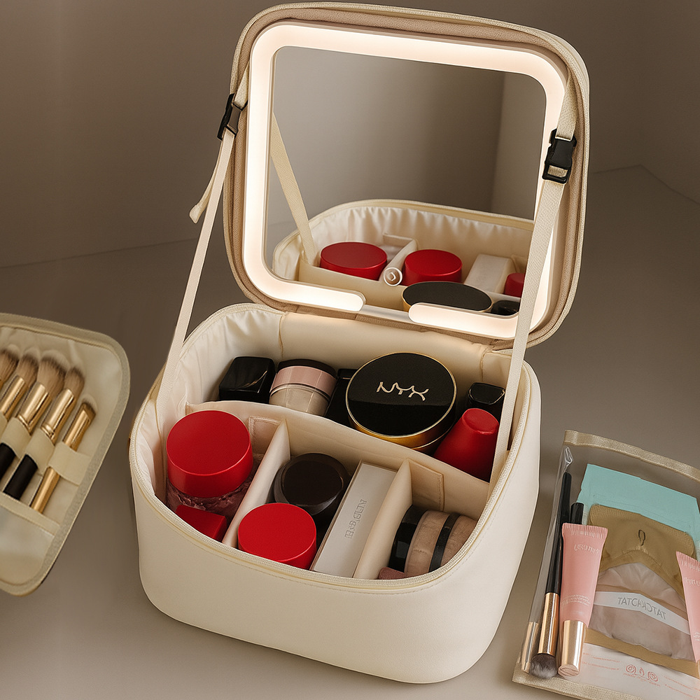 Makeup bag with mirror and LED light, portable organizer