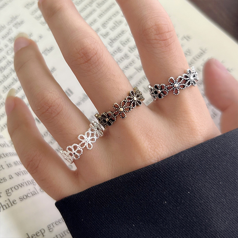 Lanzhi snowflake pattern 925 silver retro ring