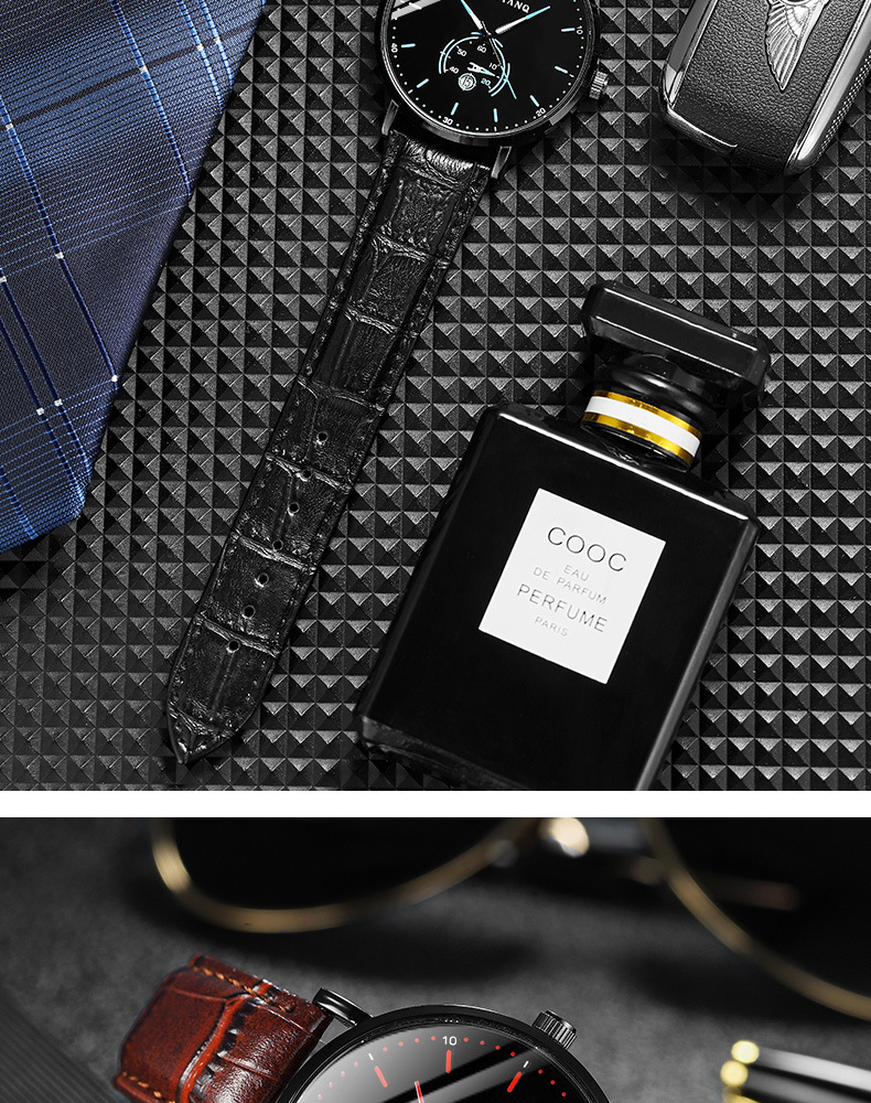 Black technology leather strap men's watch, Korean style, ultra-thin design