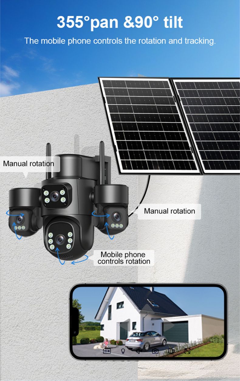 Four-Lens Surveillance Camera HD Night Vision Solar-Powered