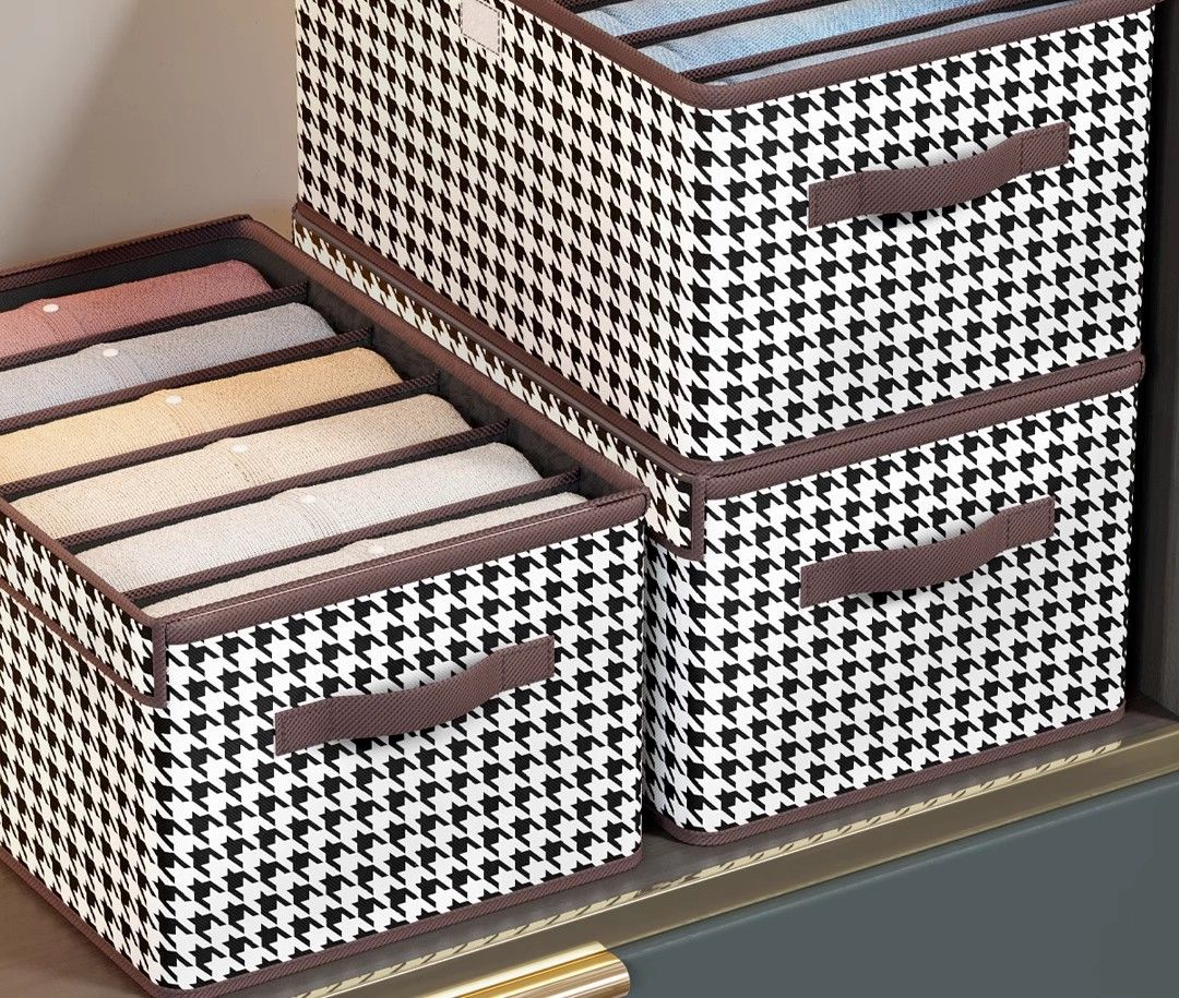 Houndstooth patterned pants storage box with lid, partitioned