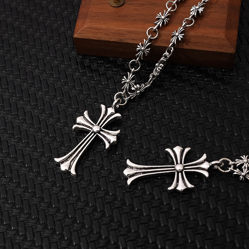 Cross necklace, handmade chain, vintage silver