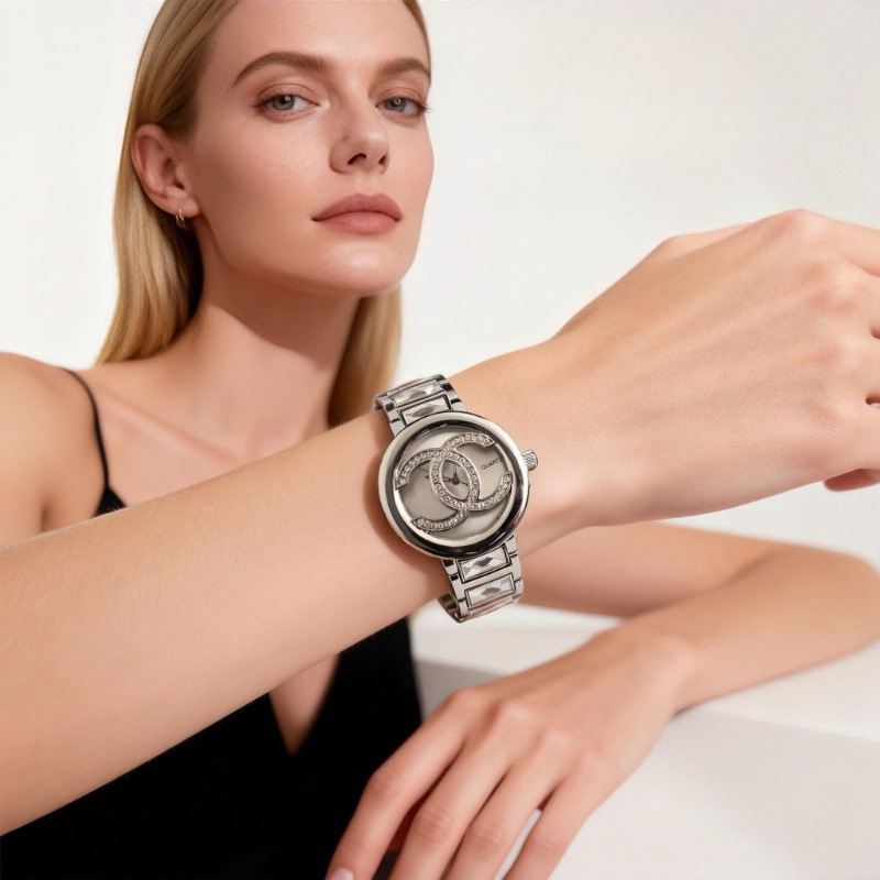 Women's quartz watch with stone accents, round open dial, pink