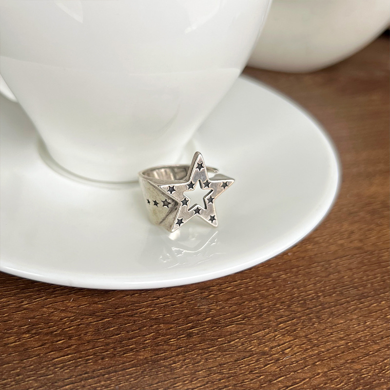 Five-pointed star 925 silver ring, hip-hop design