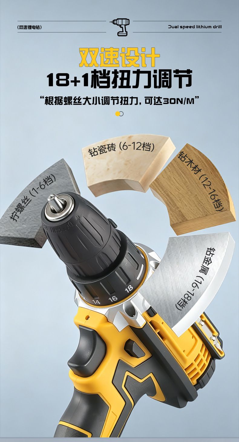 21V Cordless Impact Drill, Lithium Battery, with Bits