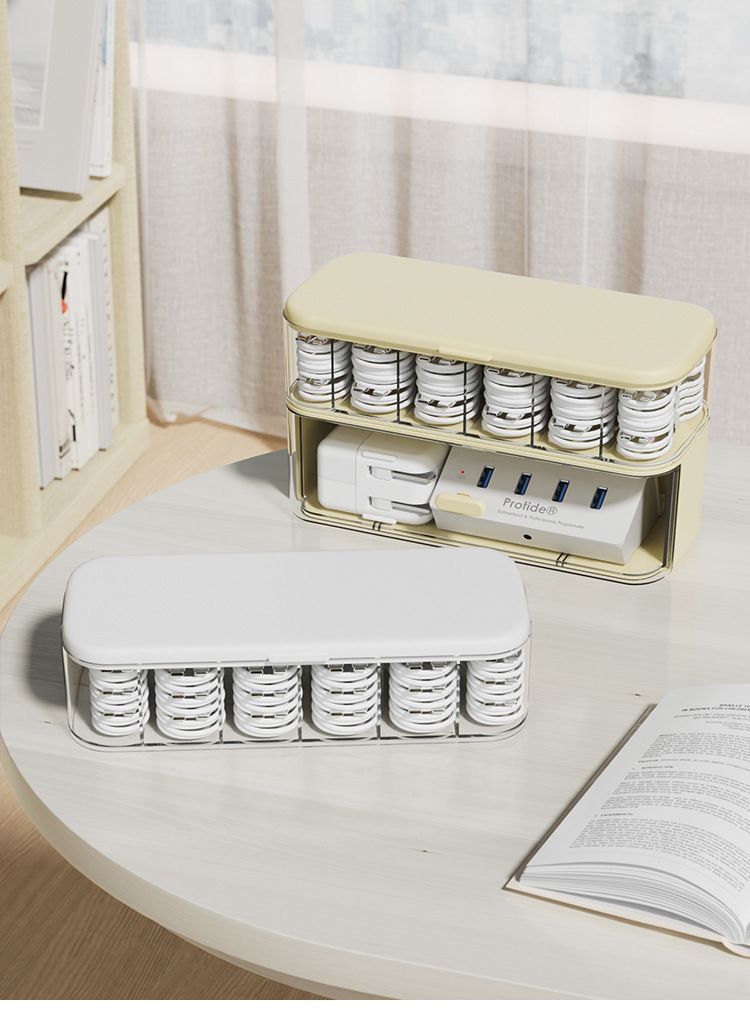 Double-layer cable storage box in acrylic for desktop organization