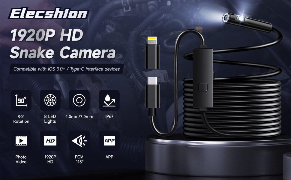 Endoscope camera with mobile phone connection, HD resolution