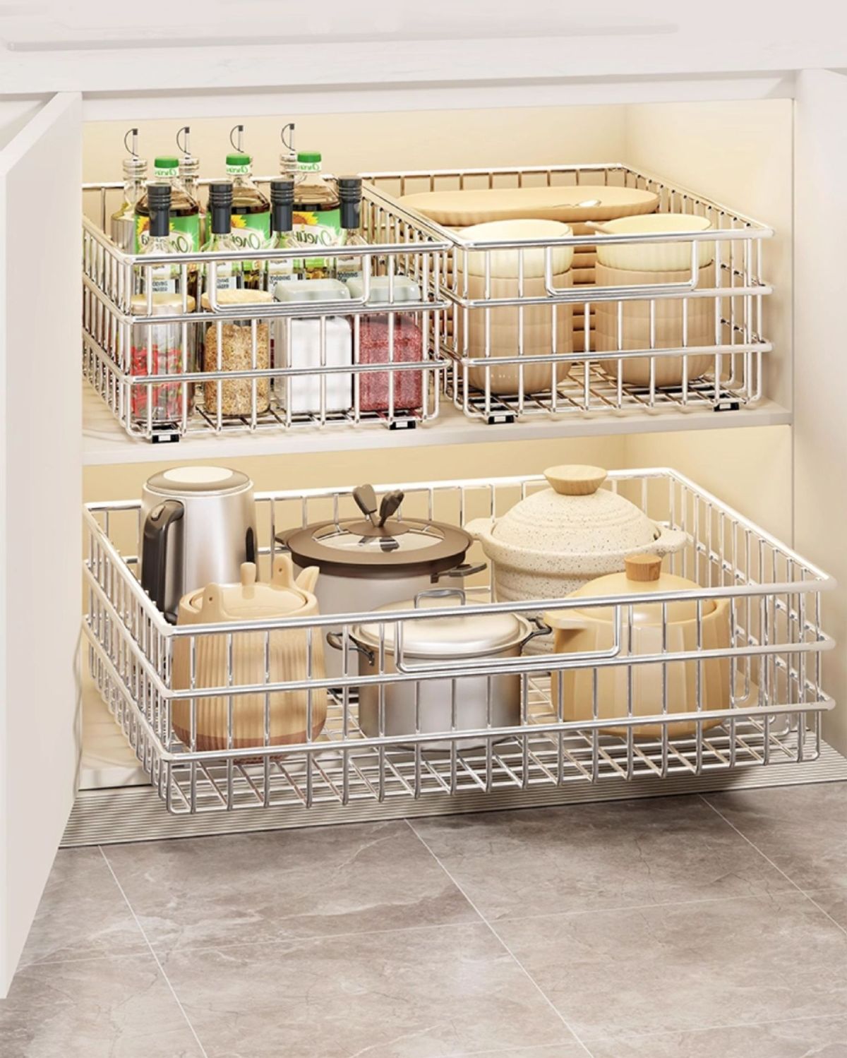 Pull-out storage basket under kitchen sink, layered vegetable rack