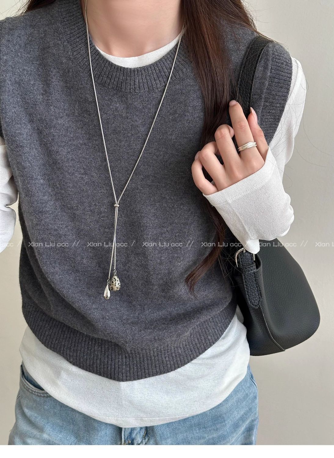 Tiger's eye water drop pull-through necklace, long design, women's accessory