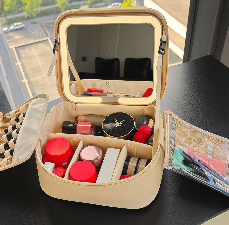 Makeup bag with mirror and LED light, portable organizer