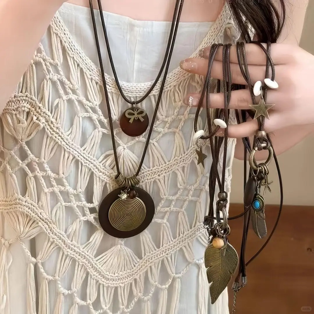Round ring pendant necklace, black cord, long chain style