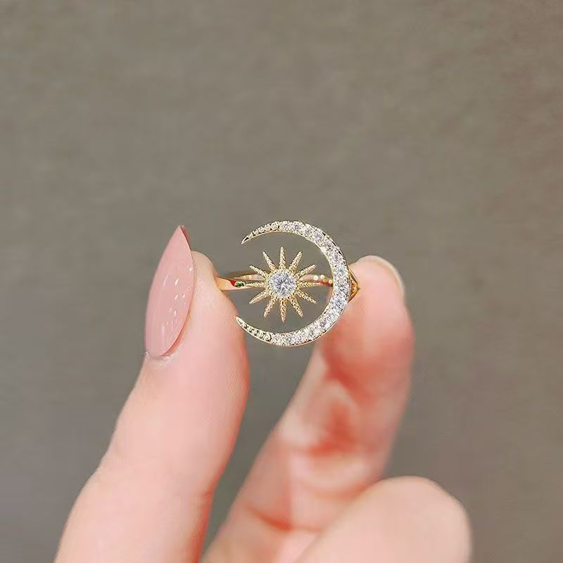Star and Moon Women's Ring, Open-Ended, Silver Tone