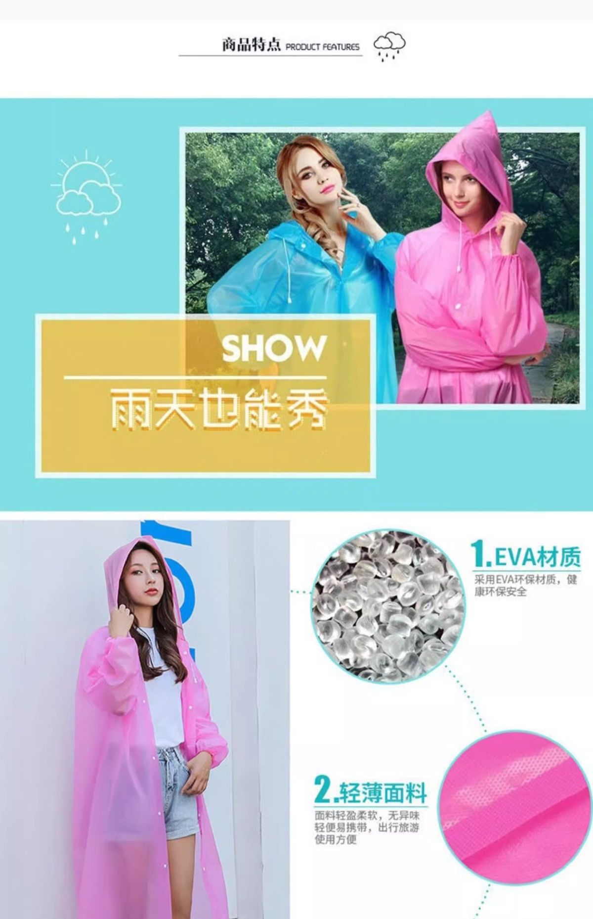 Reusable waterproof raincoat poncho, thickened portable full-body